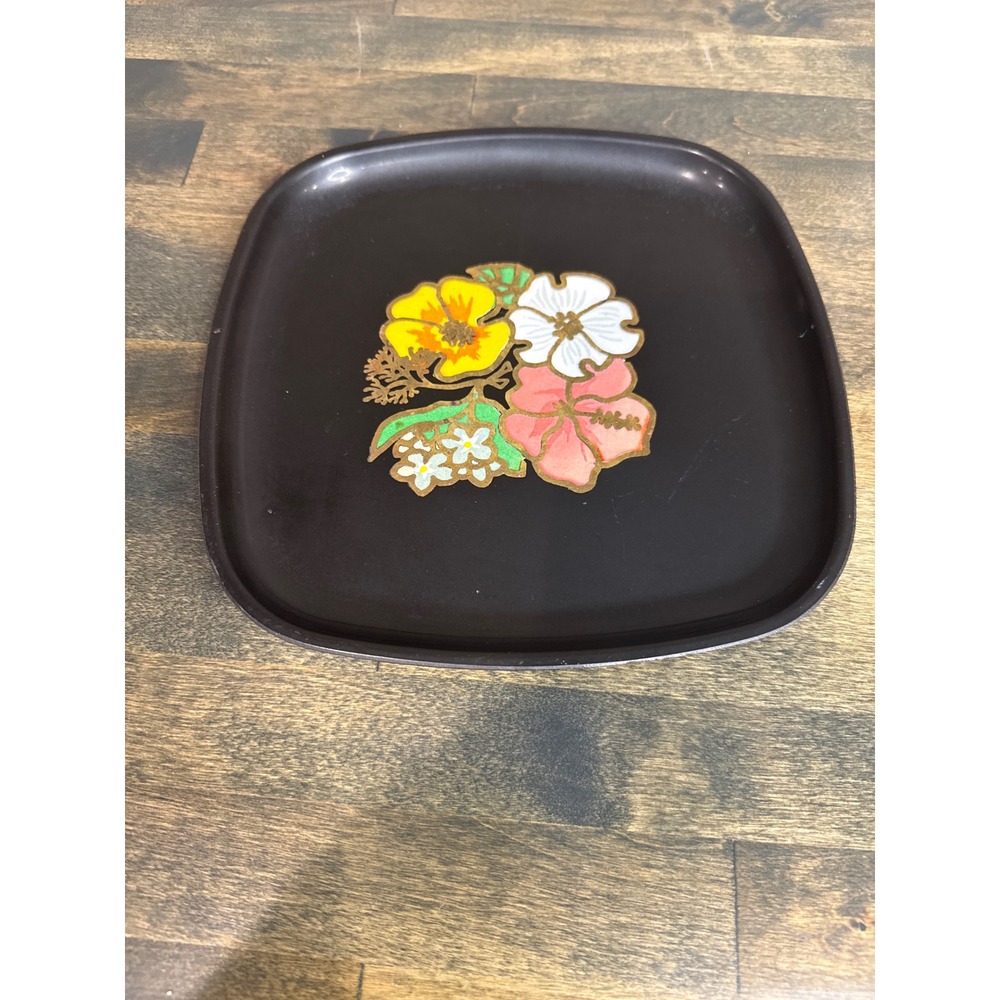 Vintage MCM Couroc Monterey Floral Tray Western Airlines Inlaid Resin Black 8.5"